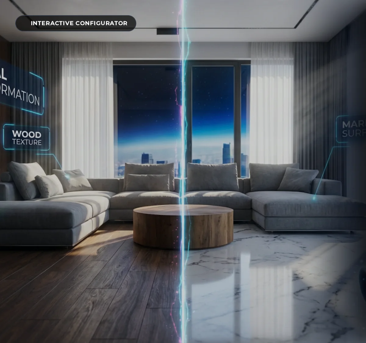 Interactive 3D interior configurator toggling wood and marble materials in real time